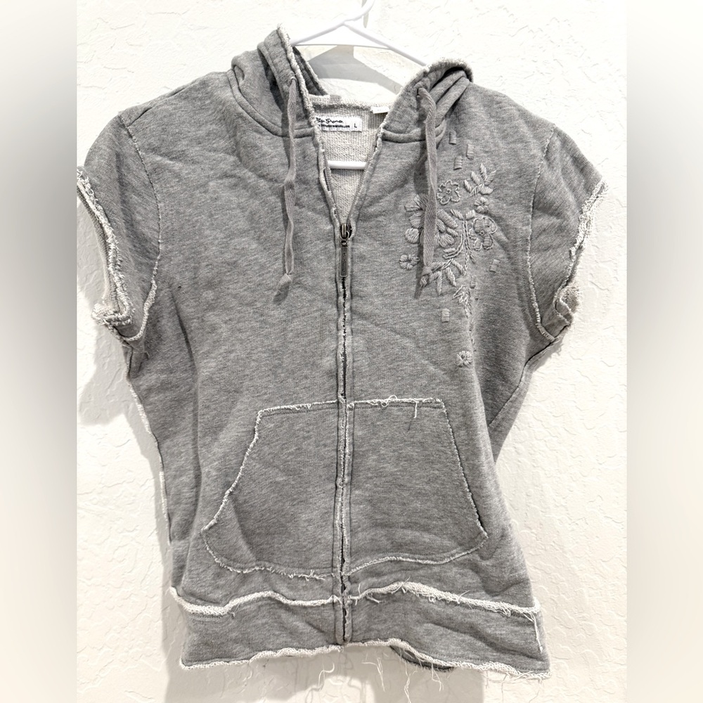 Ben Sherman Gray Short-Sleeve Zip Hoodie with Embroidered Detail